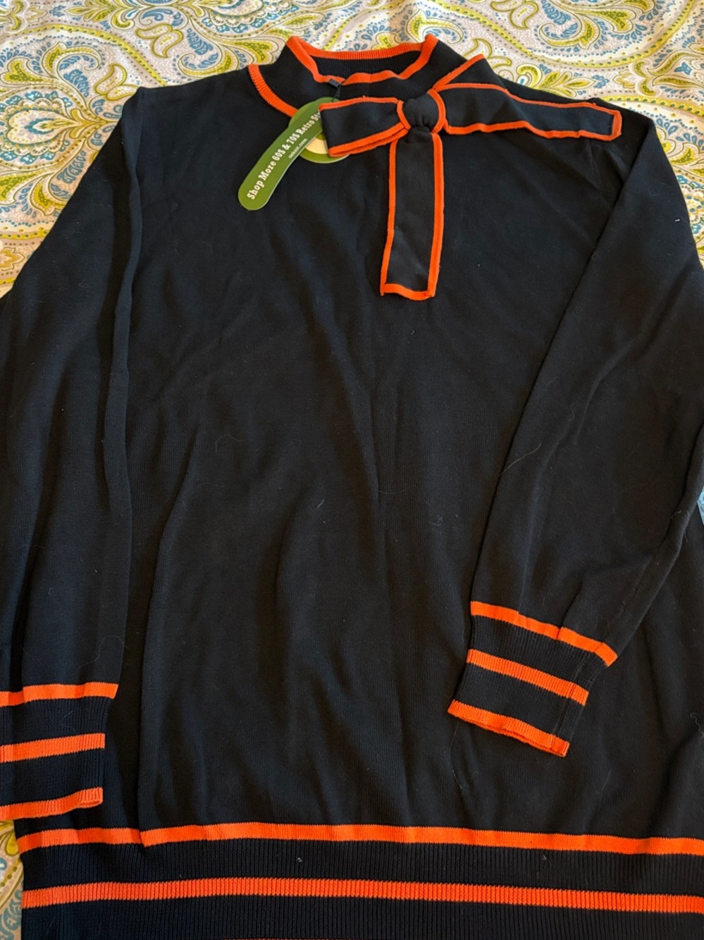 oxknit Women’s Black mock turtleneck Sweater with Orange Trim and Neck Tie
